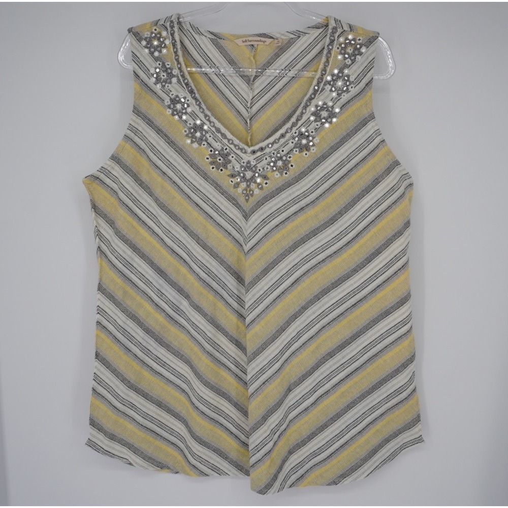 Soft Surroundings Womens XL Yellow Grey Striped Sequin V-Neck Cotton Tank Top